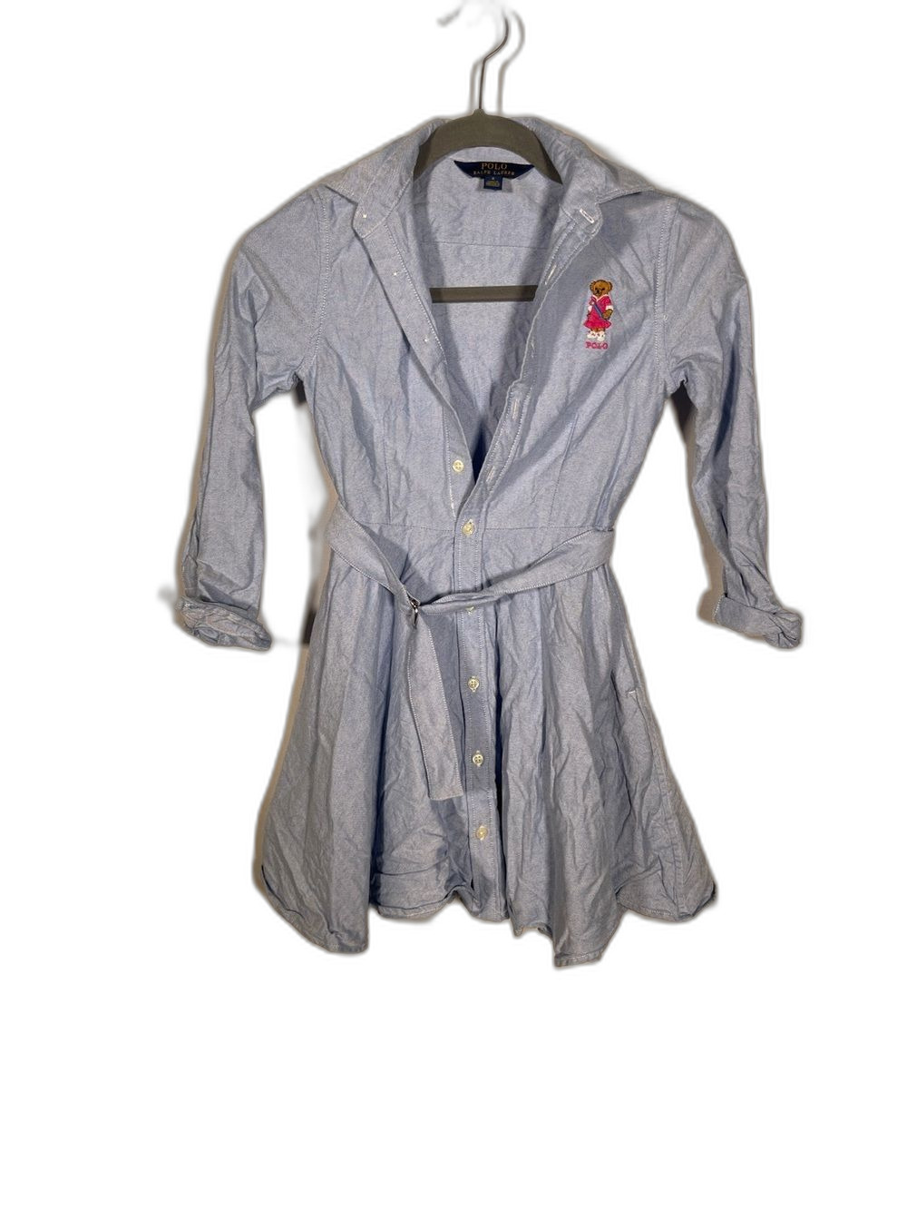 POLO RALPH LAUREN GIRLS BUTTON DOWN DENIM DRESS 8 EMBROIDERED BEAR